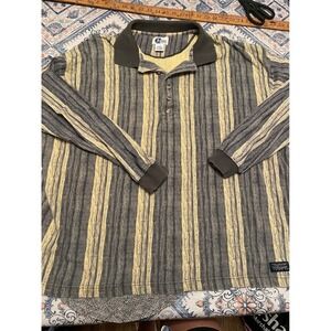 Vintage Arizona Jean Co Mens Large Long Sleeve Striped Polo Shirt Grey Yellow